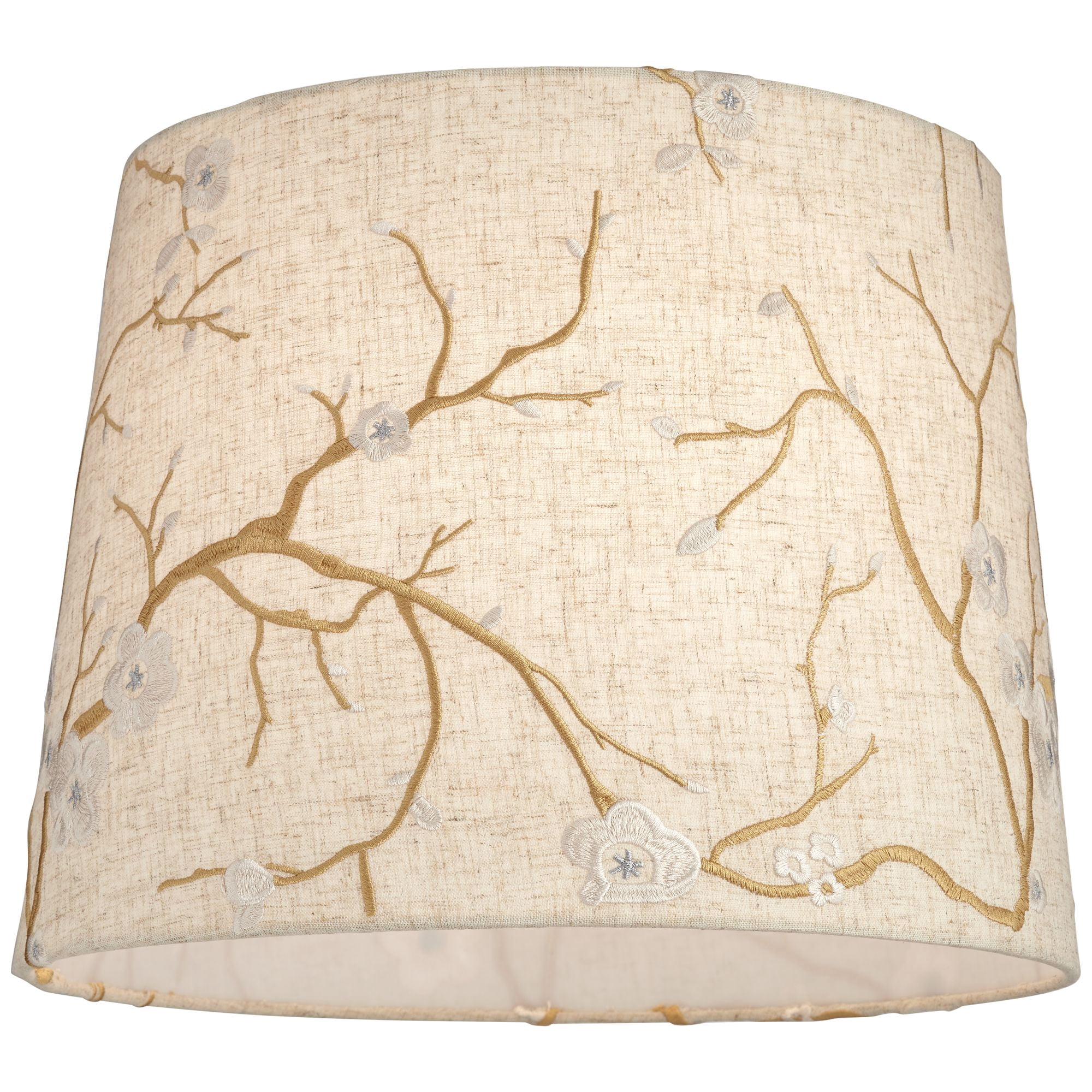 Springcrest Beige Plum Flower Embroidery Medium Drum Lamp Shade 12" Top x 14" Bottom x 11" Slant (Spider) Replacement with Harp and Finial