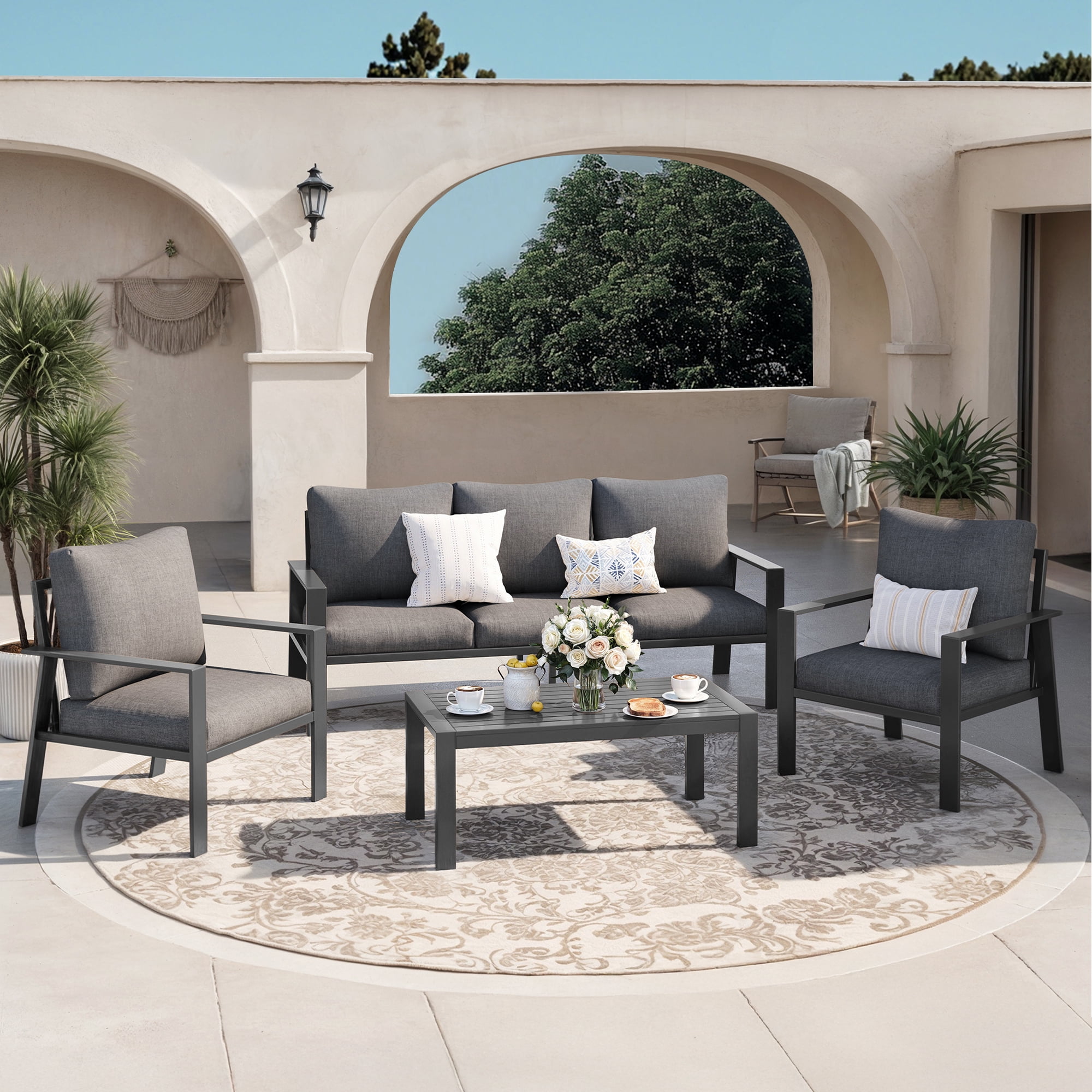 MRUAKA Aluminum Patio Furniture Set, 6 Pcs Modern Outdoor Sofa Sets, Outdoor Sectional Patio Conversation Set with Coffee Table for Backyard, Poolside, Dark Grey