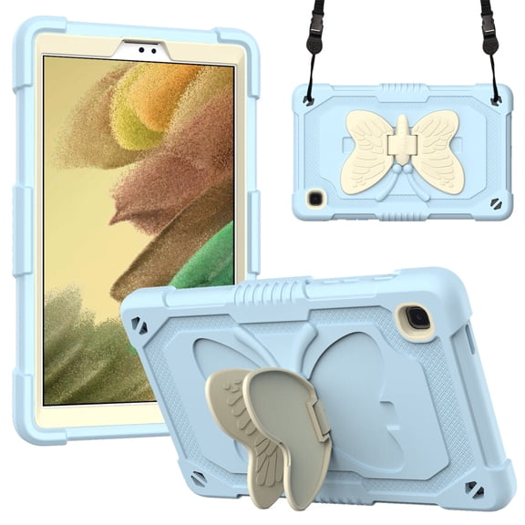 FJLBDE Case for Samsung Galaxy Tab A7 Lite 2021 8.7 inch SM-T220/T225/T227 with Butterfly Stand, Shockproof Protective Tablet Cover with Shoulder Strap for Kids Girls, Beige Blue