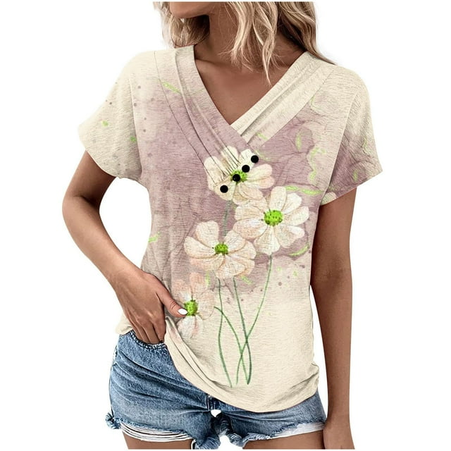 Blouses pour Femmes Col en V Décontracté Manches Courtes Printemps et Été