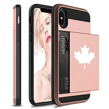 Wallet Credit Card ID Holder Shockproof Protective Hard Case Cover for Apple iPhone Maple Leaf Canada (Rose-Gold, for Apple iPhone (Best Credit Card Offers Canada)