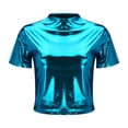 thumbnail image 3 of ZOHIUM T Shirt Women's Tops Dressy Casual Women's Solid Color Reflective Shiny Metallic Round Neck Short Sleeve Bodysuit T Shirt Summer Outfits for Women （Blue,M), 3 of 5