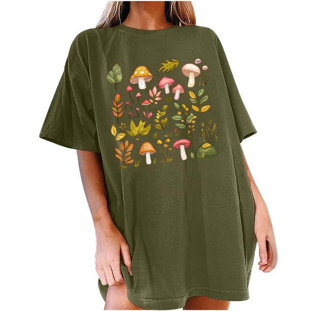 Camisetas de Manga Corta para las Mujeres Impresión Floral Cuello Redondo Gota Hombro Manga Superior Moda Casual Verano Camisetas de Manga Corta para las Mujeres