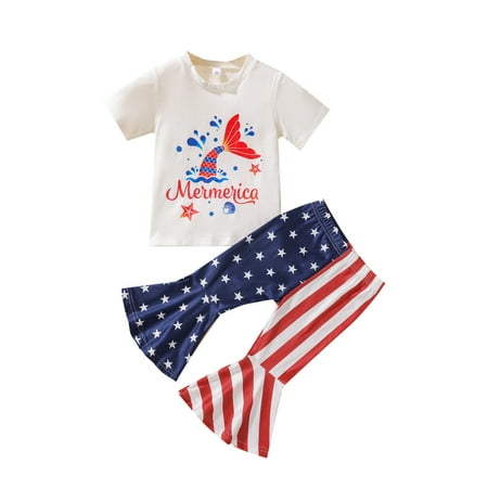 

kpoplk Toddler Baby Girl 4th of July Outfits American Flag Ruffle Tshirt Tops Bell Bottoms Fourth of July Clothes(3-4 Years)