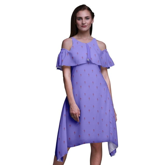 Bimba Block Print Flutter Sleeve Womens Party Tunic Cold Shoulder Midi Dress-Small