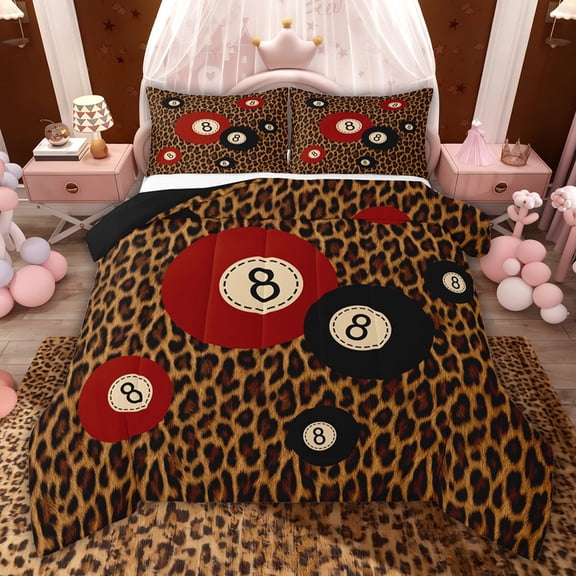 jejeloiu Jungle Leopard Print Twin Comforter Sets,Billiard Game Red Black Bedding Set For Men Women Reversible 2 Pieces