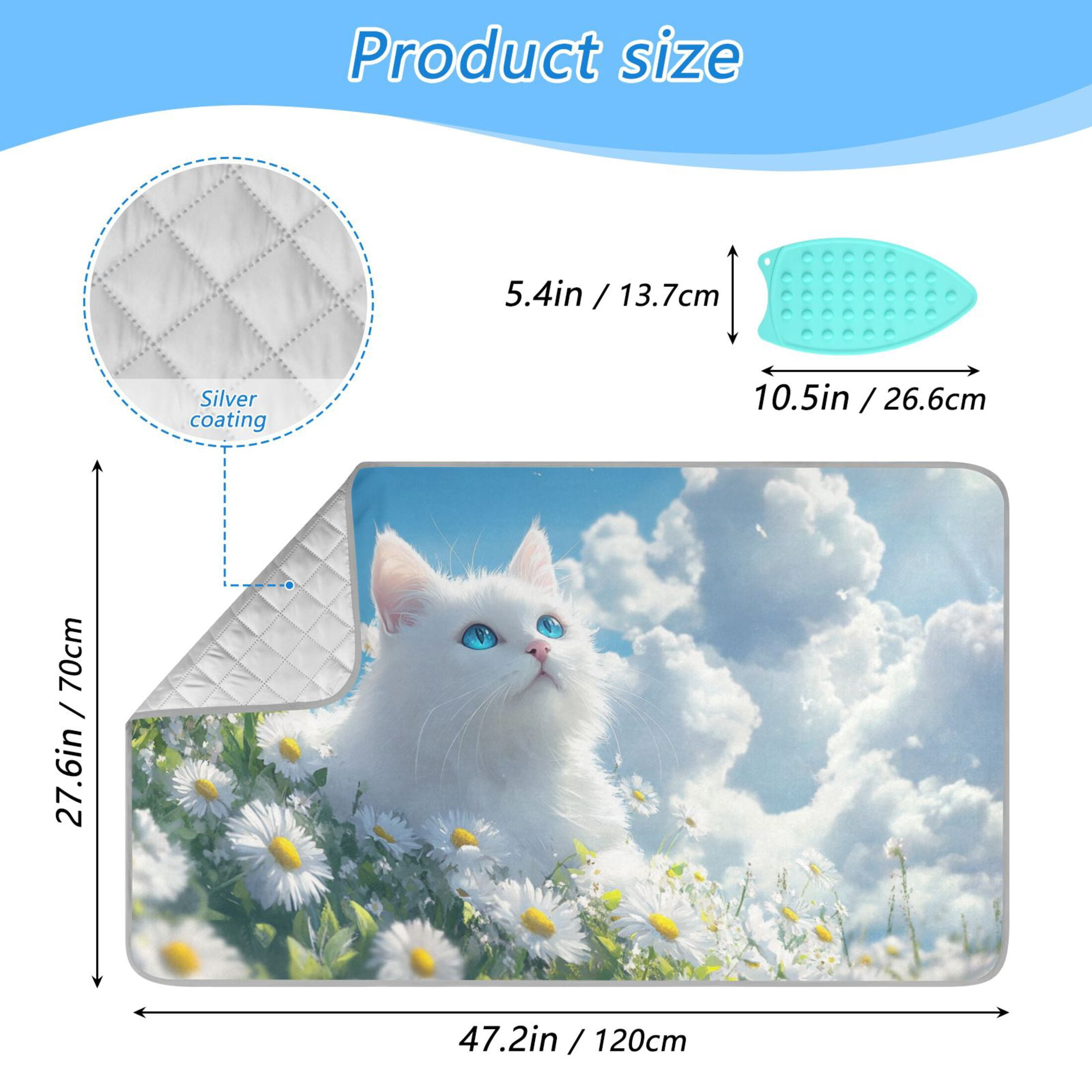 White Cat on Daisies Field Clouds Ironing Mat Blanket Portable Travel Ironing Pad Heat Resistant Pad 47.2" x 27.6”