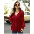 thumbnail image 2 of Women’s Lace V Neck Tunic Tops Lantern Short Sleeve Pleated Swiss Dot Blouse Smocked Flowy Shirt, 2 of 3