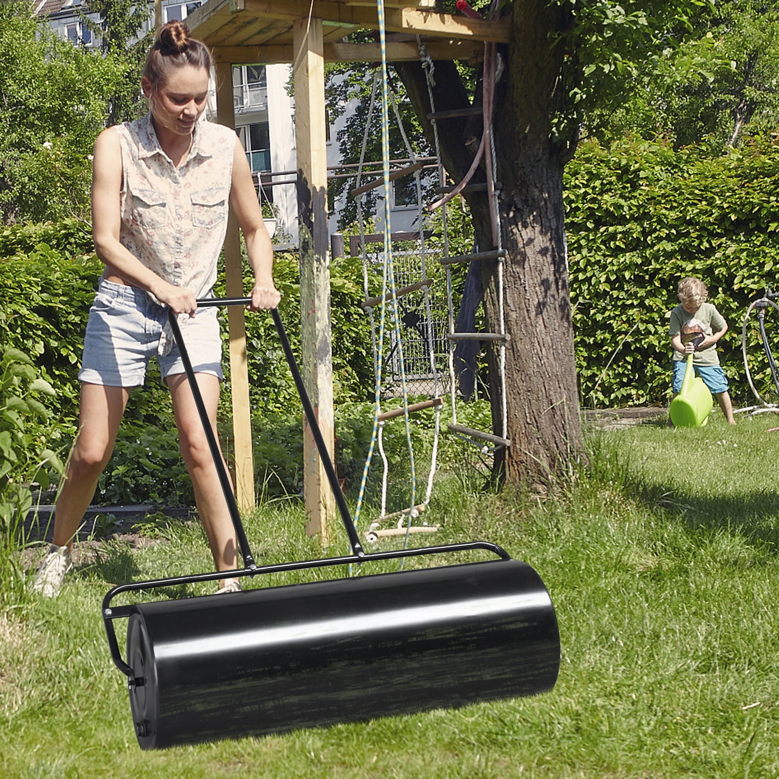 36in Cylindrical Iron Lawn Roller, Black