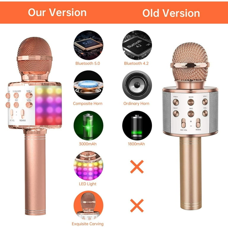 OVELLIC Karaoke Microphone for Kids, Wireless Bluetooth Karaoke Microphone  with LED Lights, Portable Handheld Mic Speaker Machine, Great Gifts Toys  for Girls Boys Adults All Age (Rose Gold) 