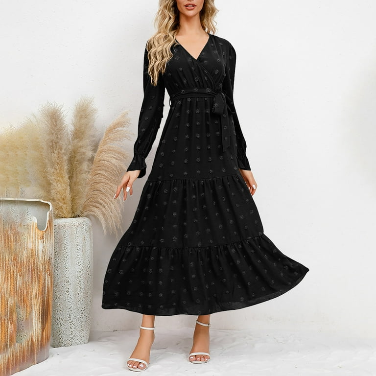 IROINNID Long Dress for Women Formal Wedding Guest Formal Dress Fall And  Winter New Slim Dress Collar Bubble Sleeve Pleated Skirt,Black