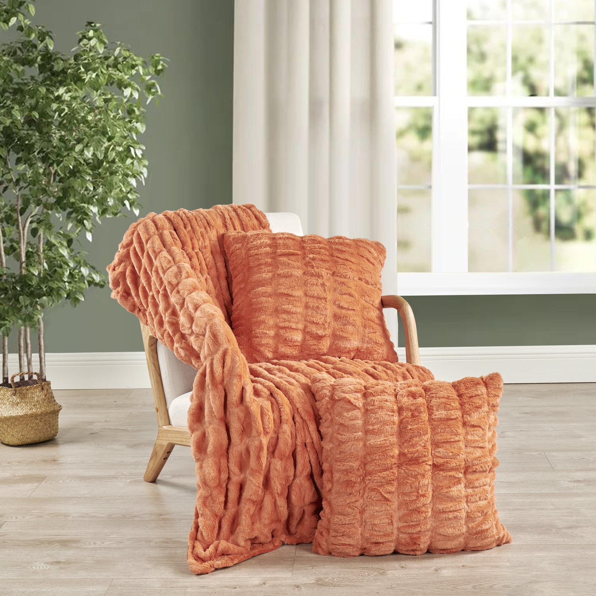 Home Soft Things Faux Fur Shar Pei Throw & Pillow Cover Combo - Burnt Orange - 50" x 60"/20" x 20"