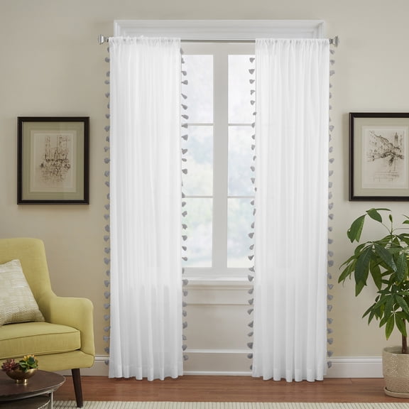 Elrene Home Fashions Bianca Semi-Sheer Window Curtain with Tassels, Gray, 52" x 84"