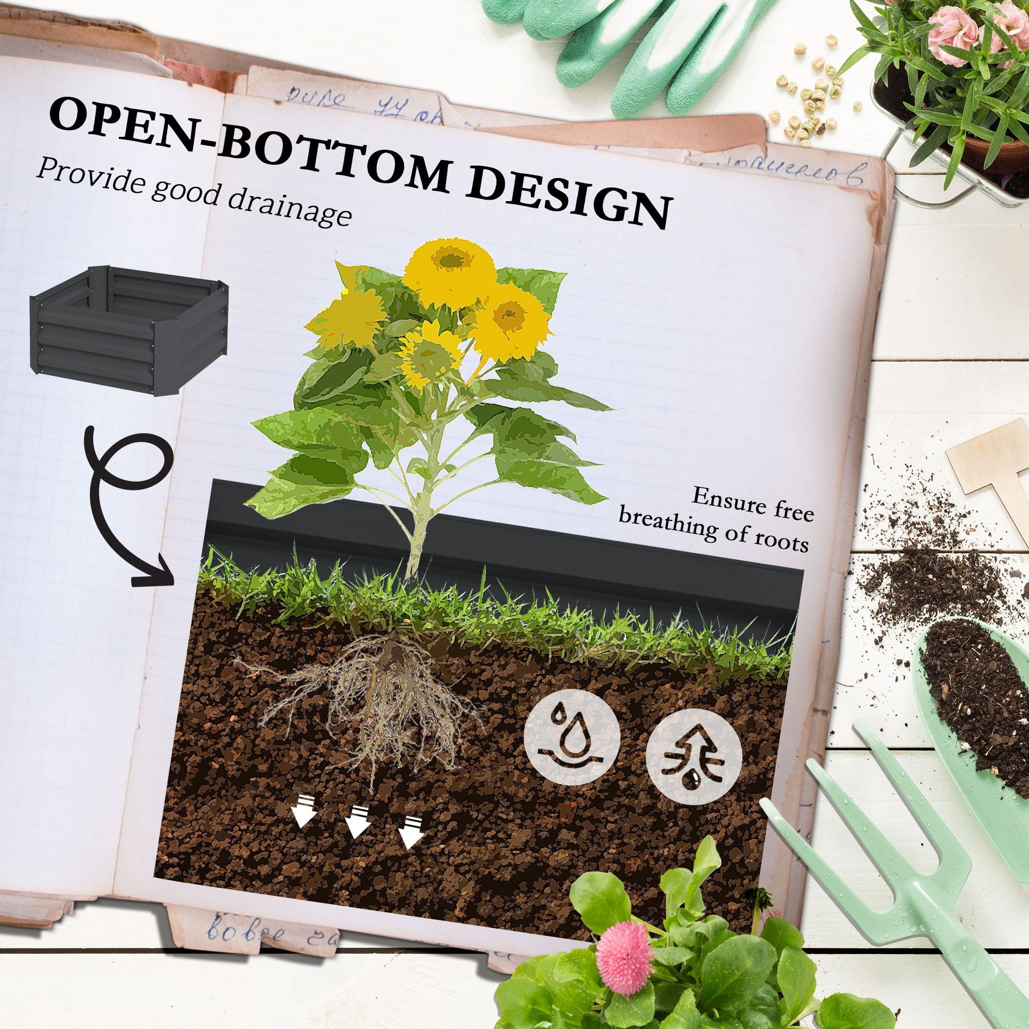 Outsunny Galvanized Steel Raised Garden Bed with Adjustable Tomato Cage Trellis, 24" x 24" x 55" Dark Gray Metal Planter for Vegetables and Climbing Vines, Outdoor Patio & Backyard