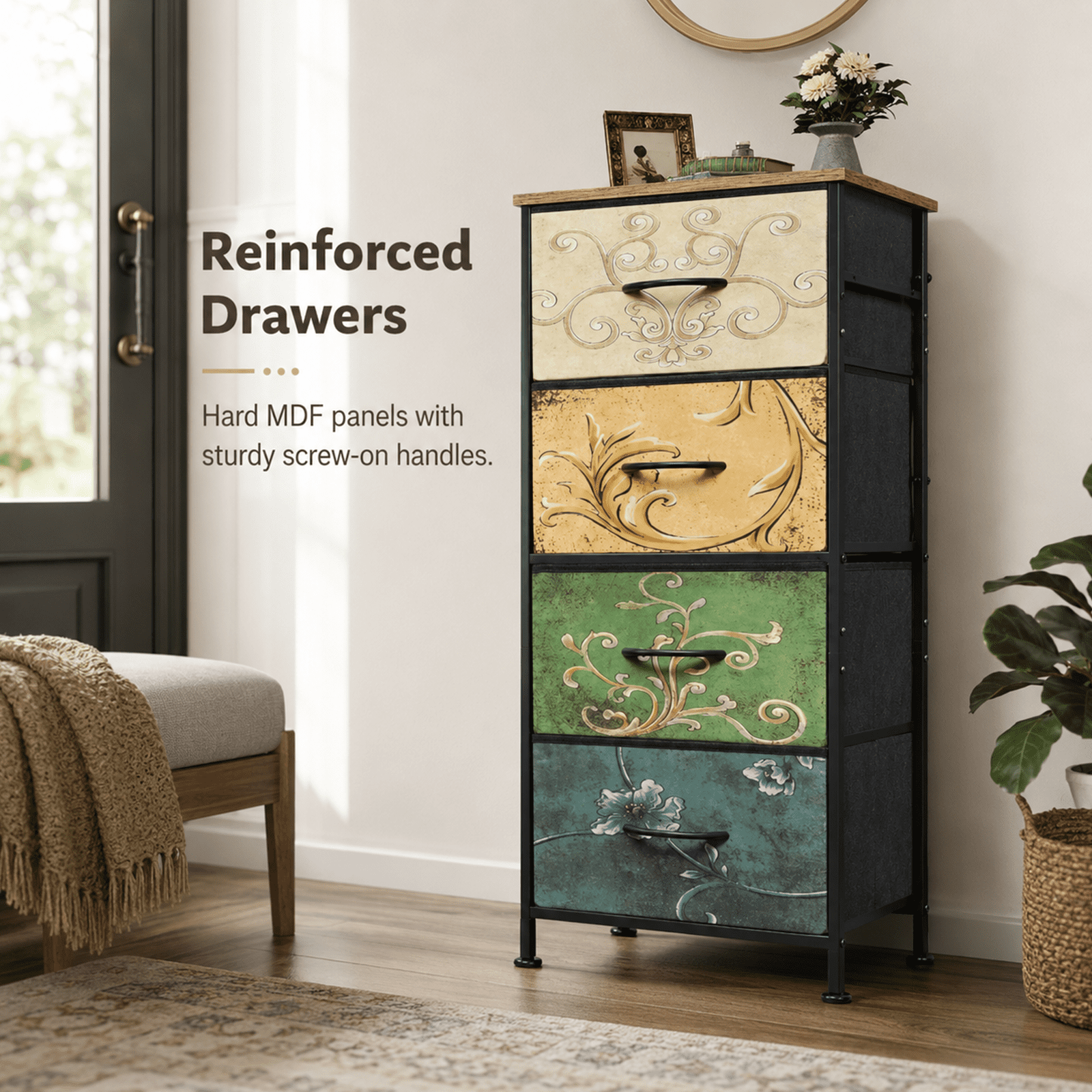Alvantor 4/5/7/8/9-Drawer Dresser, Fabric Storage Tower for Bedroom, Hallway, Entryway, Closet, Tall Chest Organizer Unit with Fabric Bins, Steel Frame, Wood Top, Easy Pull Handle, Floral Painted