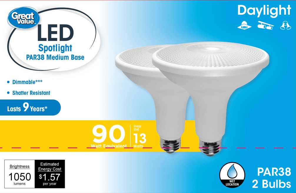 (2 pack) Great Value LED Light Bulb, 13.5 Watts (90W Equivalent) PAR38 Floodlight Lamp E26 Medium Base, Dimmable, Daylight, 2-Pack