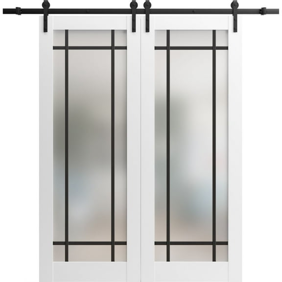 Sturdy Double Barn Door 36 x 80 inches | Planum 2112 White Silk Frosted Glass | 13FT Rail Hangers Heavy Set | Solid Panel Interior Doors