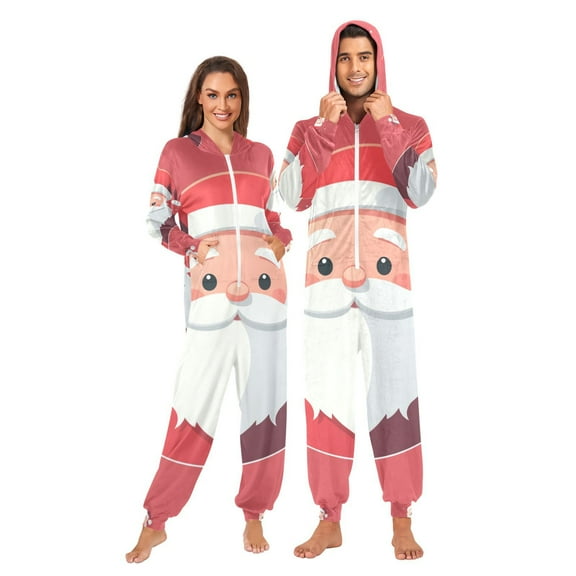 Cute Santa Claus Christmas Adult Onesie Pajamas Slim Fit Christmas One Piece Suit Pjs for Women and Men Hooded Zipper