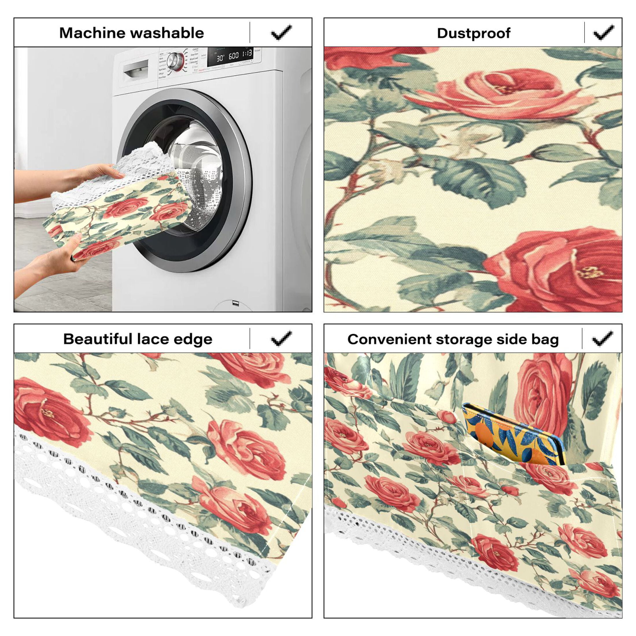 Red RoseWasher and Dryer Covers Dust-Proof and Oil Resistant Fridge Cover with 4 Storage Pockets Washing Machine Top Cover for Laundry Kitchen Home 51.2 x 22 In