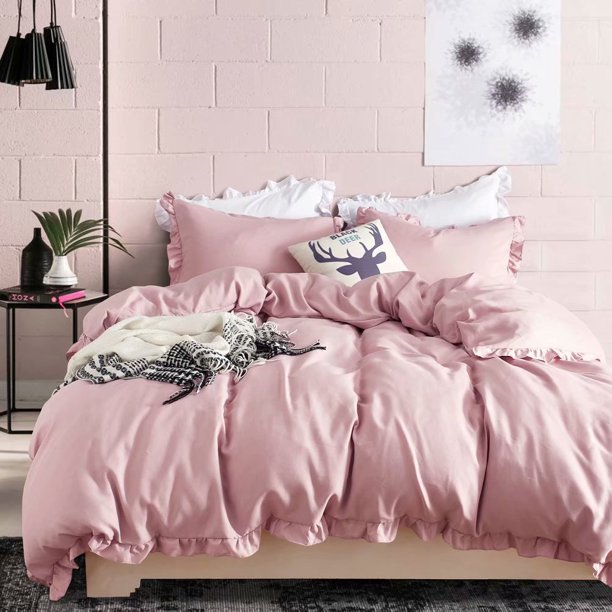 A&P Girls Pink Duvet Cover Queen Ruffled Duvet Comforter Cover Set with