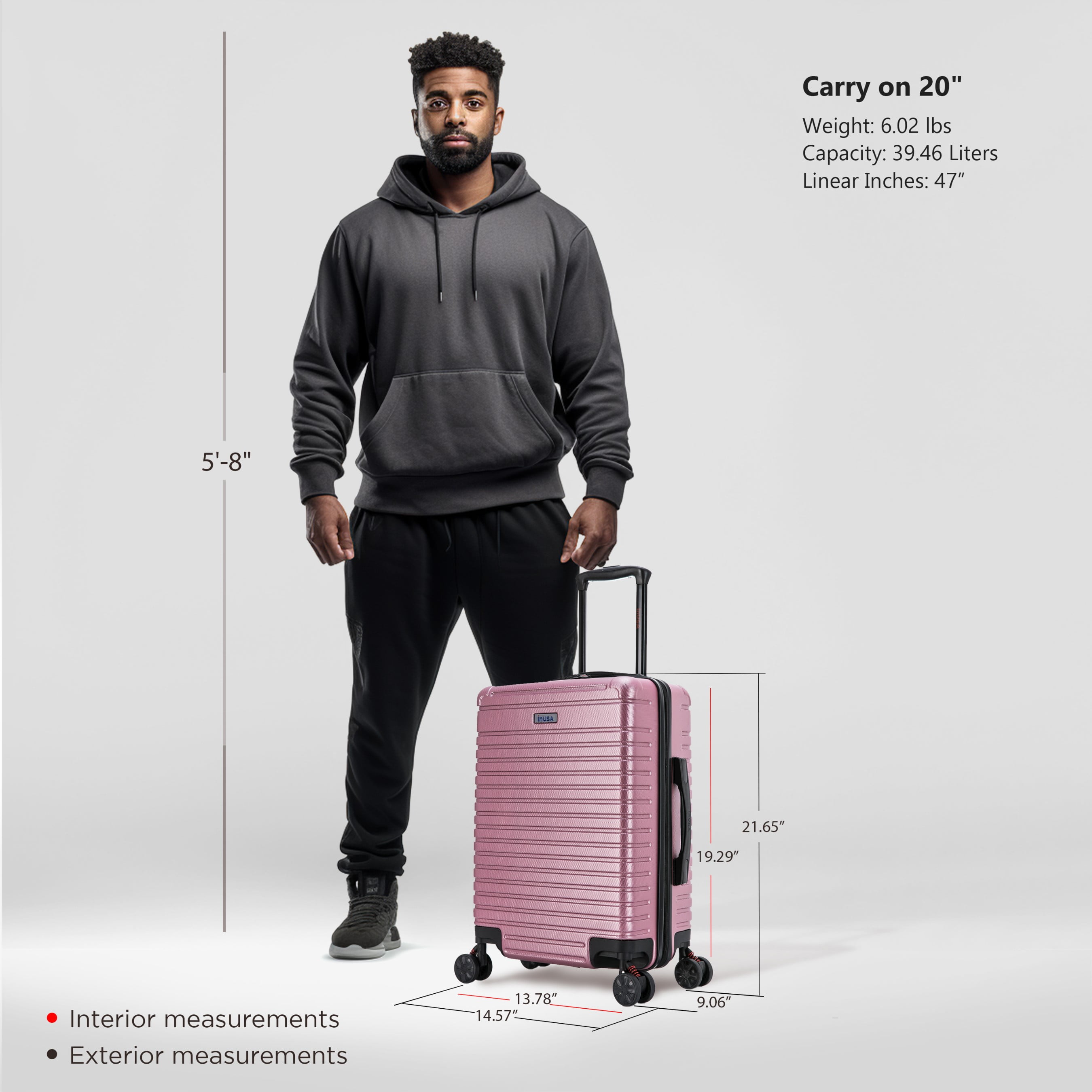 InUSA Deep 20" Hardside Lightweight Luggage with Spinner Wheels, Handle Studs, Trolley, Rose Gold