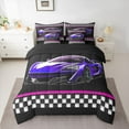 thumbnail image 2 of Feelyou Fashion Purple Racing Car Bedding Comforter Set 7 Pieces for Boys, Modern Extreme Sports Full Bedding Set, Checkered Flag Reversible Fitted Sheet Flat Sheet, Ultra Soft Bedroom Decor, 2 of 7