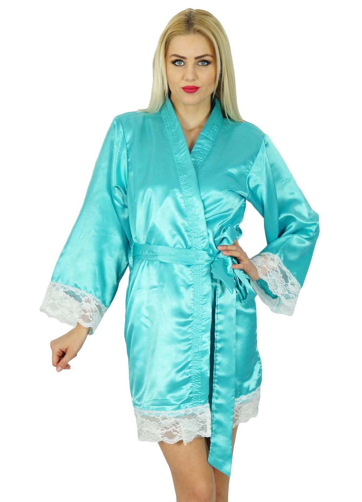 Bimba Women Kimono Sleeve Satin Short Robe Bride Bridesmaid Lace Robes