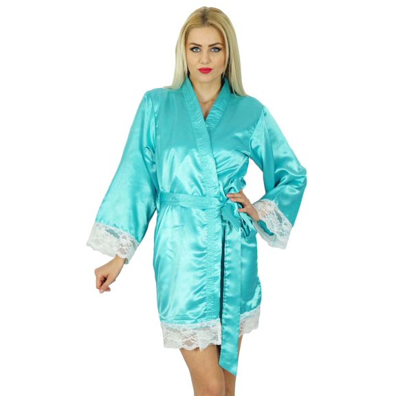 Bimba Women Kimono Sleeve Satin Short Robe Bride Bridesmaid Lace Robes Coverup