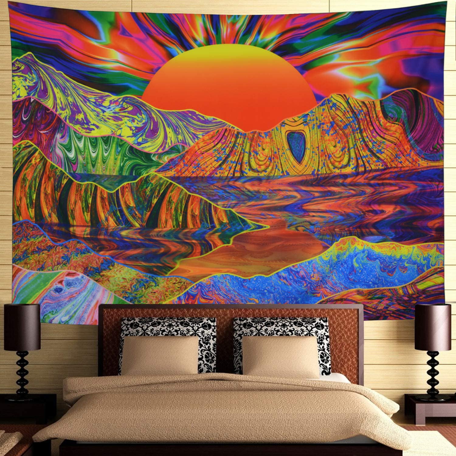 Dermijer Psychedelic Sun Tapestry Trippy Mountain Tapestry Hippe Sunrise Wave Wall Tapestry Colorful Nature Landscape Wall Hanging for Bedroom H51.2X W59.1