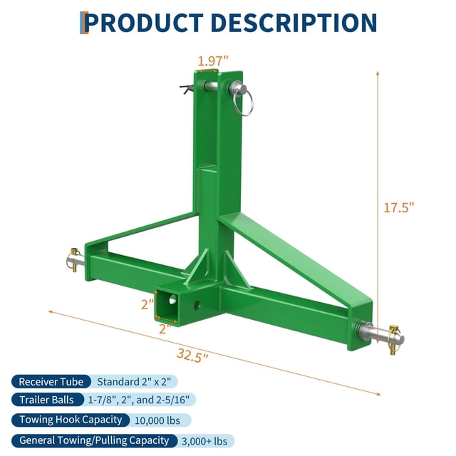 Kojooin 3 Point Hitch Receiver with 2 Inch Receiver and Drawbar Adapter, Heavy Duty Category 1 Tractor Hitch