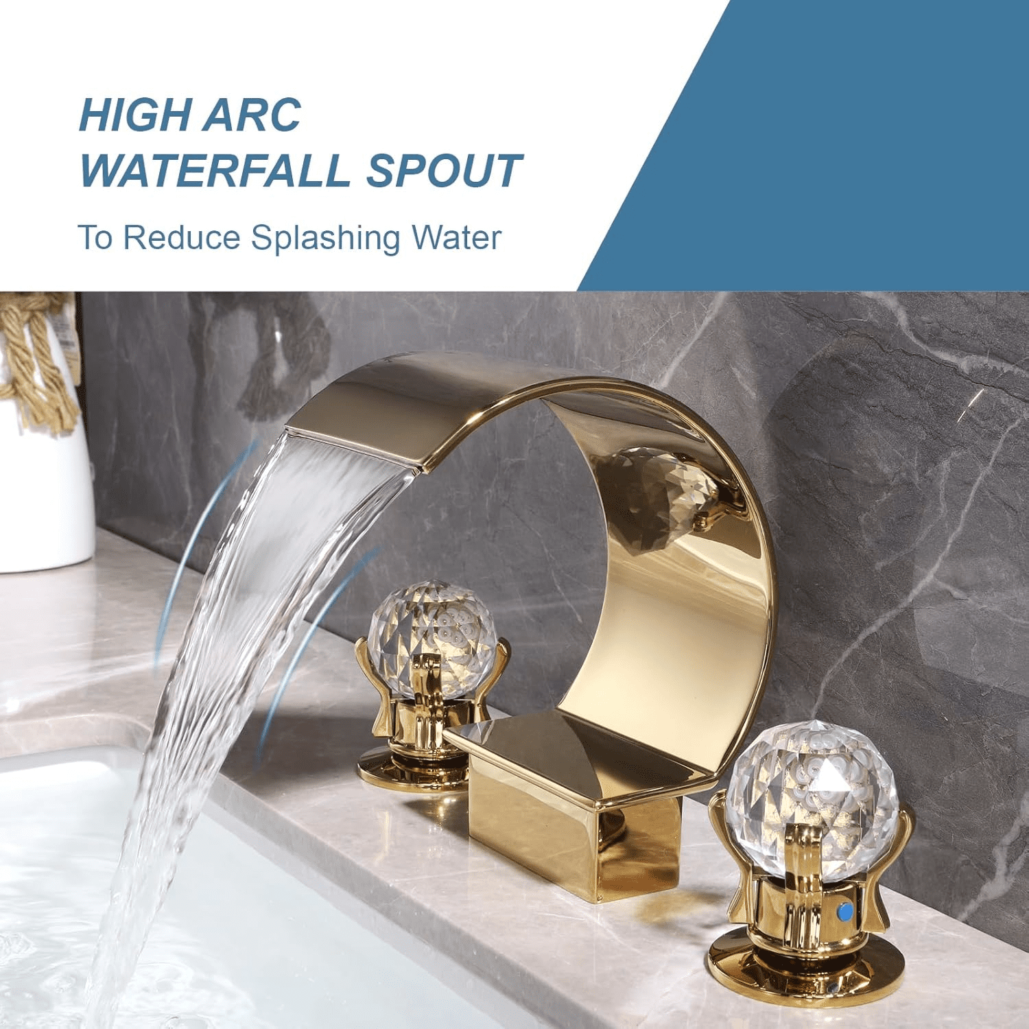 Gold Widespread Waterfall Bathroom Sink Faucet 2 Handle 3Hole Basin Mixer Tap