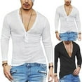 thumbnail image 5 of Mens Plain Slim Long Sleeve T-Shirt Deep V Neck Button Tops Muscle Tee Blouse, 5 of 7