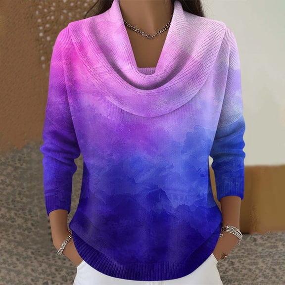 Dwralegc Elegant Holiday Sweaters for Women Trendy Multicolor Cowl Neck Knit Pullover Jumper Blouses Long Sleeve Loose Fall Winter Sweater Purple L
