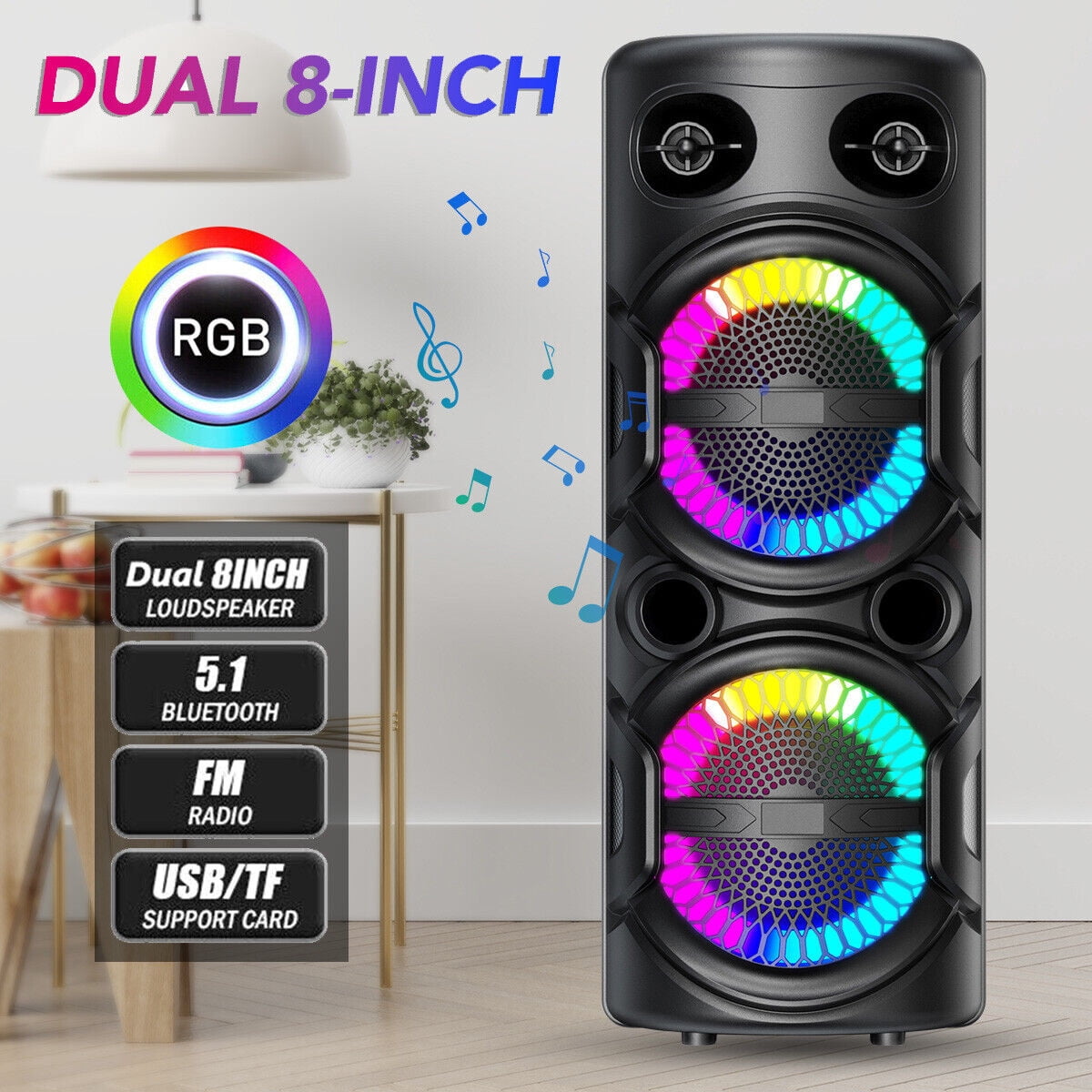 Dual 8" Woofer Portable FM Bluetooth Party Speaker Heavy Bass Sound With Mic LED