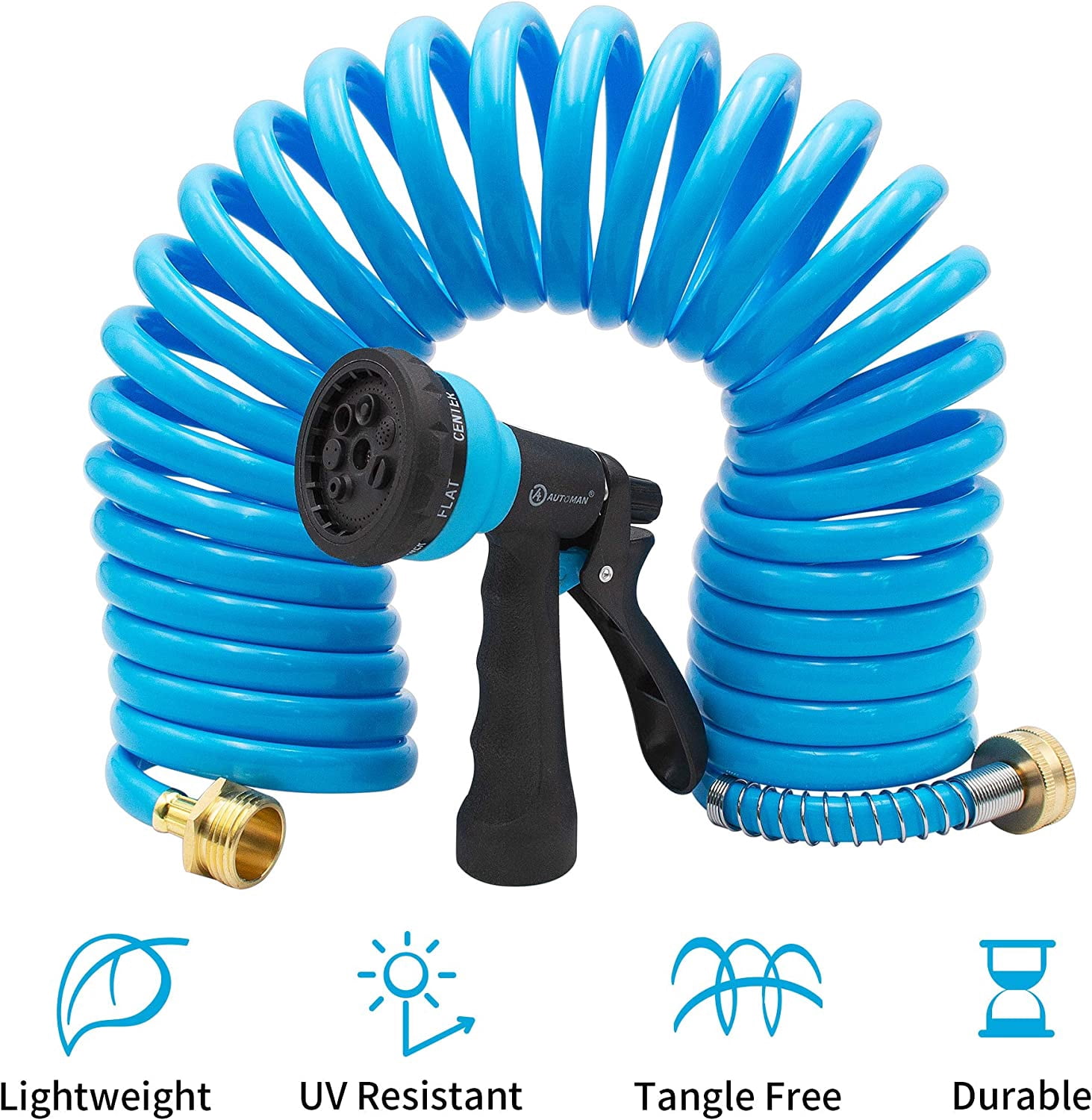 AUTOMAN EVA Recoil Garden Hose 25ft - Includes 7 Pattern Spray Nozzle, Corrosion Resistant Garden Coil Hose. Blue