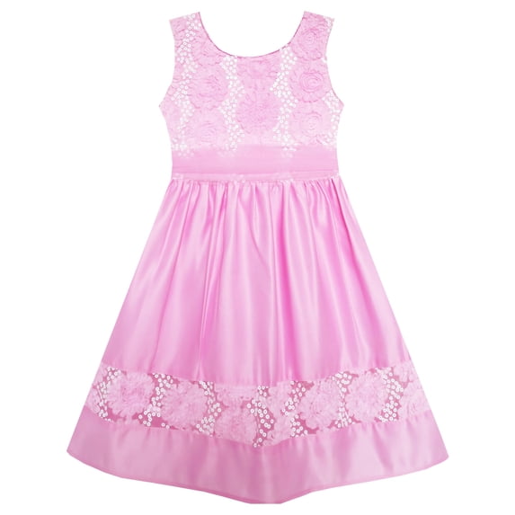 Girls Dress Flower Detailing Sequin Party Tulle Bow Tie Pink 4
