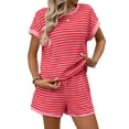 thumbnail image 2 of Women'S Summer 2 Piece Sets Striped Short Sleeve T Shirts and Shorts Loungewear Matching Set Deep Pink L, 2 of 9
