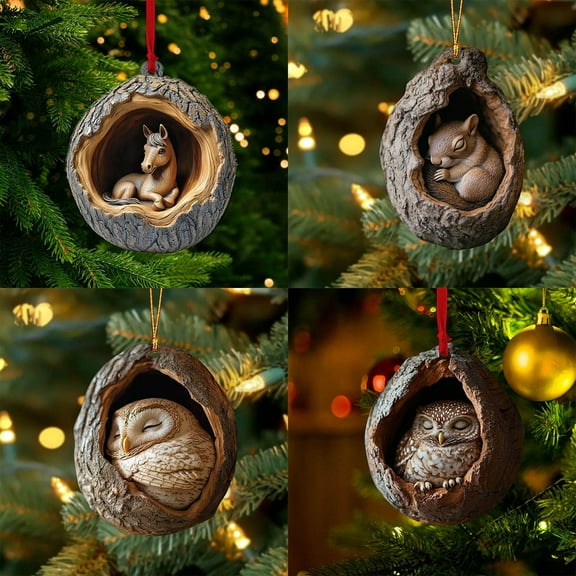 4PCS Animal Christmas Ornament, Christmas Tree Animal Pattern 2D Acrylic Ornament, Forest Animal Decoration, Seasonal Decor for Christmas Tree, Christmas Decor Keepsake Gifts