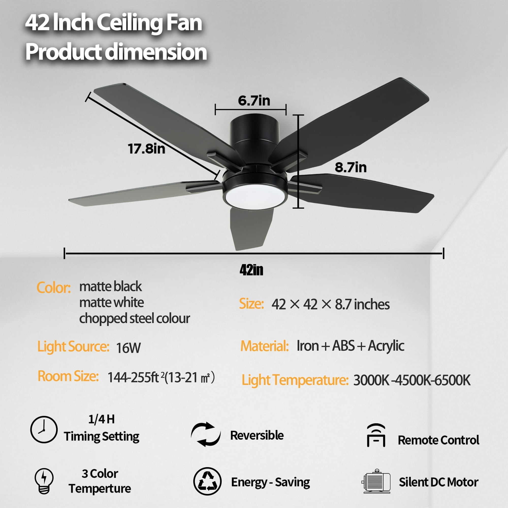 Vagizm 42 Inch Flush Mount Ceiling Fan with Light - 5 Blades Modern Ceiling Fan for Living Room and Bedroom - Quiet DC Motor - Dimmable - Reversible Function - Black