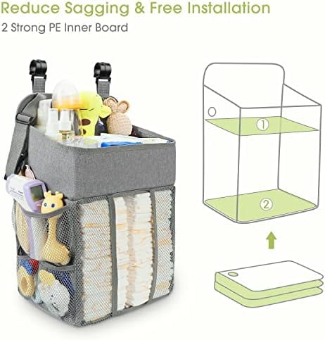 Changing Table Diaper Organizer -  Hanging Diaper Stacker Nursery Caddy Organizer for Cribs Playard Essentials Storage - Hold 52+ Diapers - 18.5" x 10.5" x 8" (Gray)
