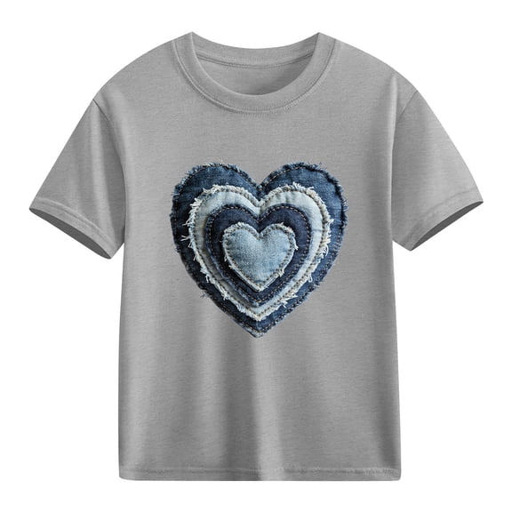 Xdegoge Girls Kids Layered Denim Heart T-Shirt Artistic Patchwork Style Fashionable Casual Wear for Toddlers Babies Kids Tweens Teens 3-10Y