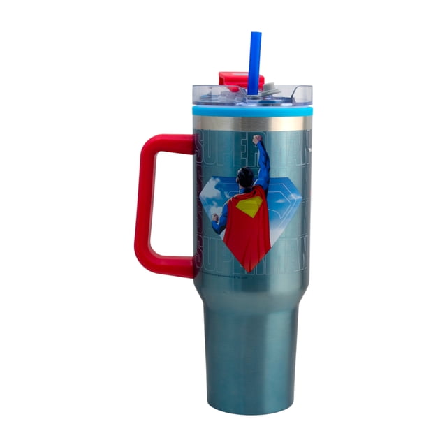 Termo Alto Doble Pared Con Asa Y Popote, Diseño Super Man La Película, Termo Metalizado Azul, Capacidad 1. 2 L