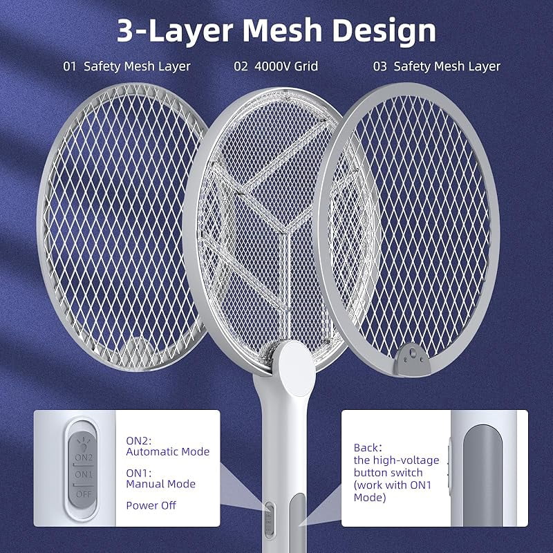 Electric Fly Swatter, 4000V Bug Zapper Racket, 2 in 1 Indoor Outdoor Mosquito Killer with 3-Layer Safety Mesh, Fly Zapper Racket with USB Rechargeable Base for Pest Insect Control 1 Pack