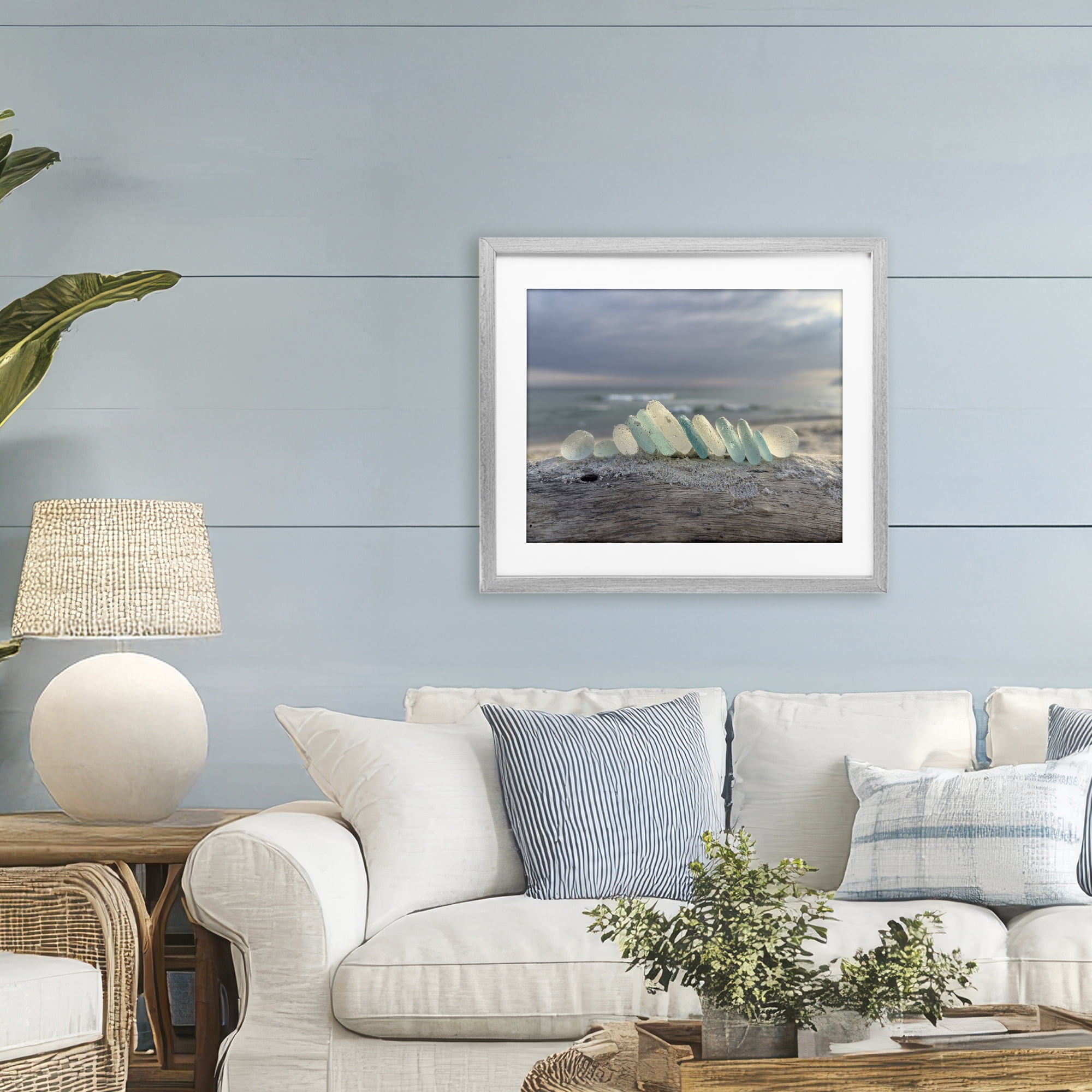 Stupell Industries Sea Glass On Driftwood Gray Framed Print Under Glass, design by LMarie Allen