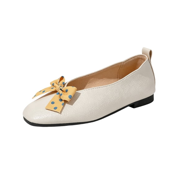 Yungyresw Ballet Flats For Women Polka Dot Bow Square Toe Slip On Shoes Low Top Casual Comfortable Work Office Dress Shoes Beige 36