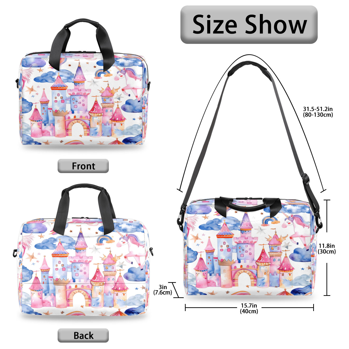 Herdesigns Unicorn Castle Rainbow Laptop Bag for Women Men, Computer Case Briefcase Messenger Bags, 15-15.6 inch Laptop Sleeve Shoulder Bag