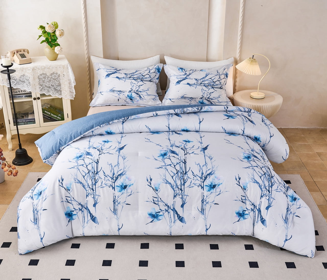 Koniroom 3Pcs Blue Blossom Comforter Set Queen Size, Blue Flower Branch on White Bedding Sets for Women