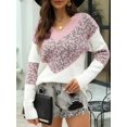 thumbnail image 6 of Womens Striped Sweater Casual Leopard Long Sleeve V Neck Chunky Knit Drop Shoulder Pullover Jumper Tops Pink S, 6 of 8