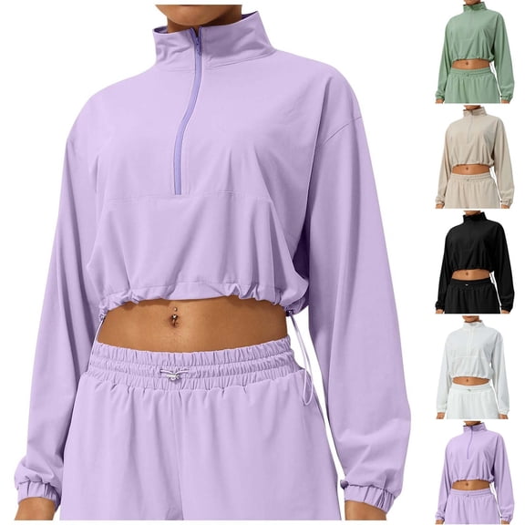 QIUOMBBP Women's Long Sleeve Crop Shirts Half Zip Mock Neck Sun Protection Tops Summer Loose Quick Dry Outdoor Sport Tees Black XL