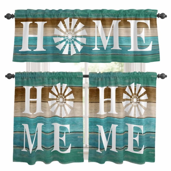 Teal Blue Brown Kitchen Curtains Sets for Windows 24 Inch Length, Home Vintage Farmhouse Retro Wooden Rod Pocket Window Treatments Tier Curtains and Valances Set for Bedroom/Bathroom